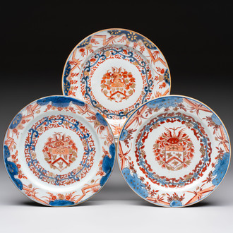 Three Chinese Imari-style armorial plates with the arms of Van Gellicum for the Dutch market, Kangxi/Yongzheng