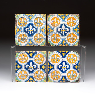 Four polychrome Dutch Delft 'French lilies' tiles, ca. 1600