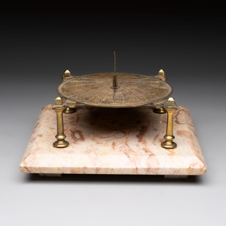 A French brass horizontal sundial on marble base, 18/19th C.