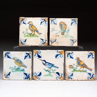 Five polychrome Dutch Delft 'bird' tiles, 17th C.