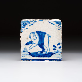 A blue and white Dutch Delft 'crown' 'bear' tile, Rotterdam, early 17th C.