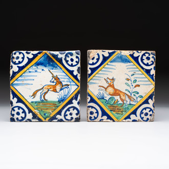 Two polychrome Dutch Delft maiolica 'unicorn' and 'fox' tiles, late 16th C.