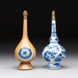 A Chinese blue, white and café-au-lait-ground and a blue and white rose water sprinkler, Kangxi