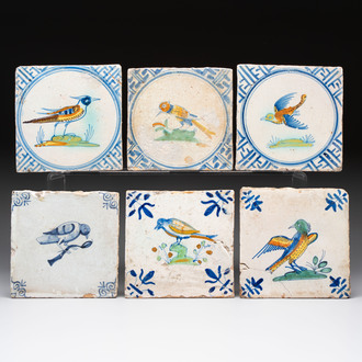 Six blue, white and polychrome Dutch Delft 'bird' tiles, 17th C.