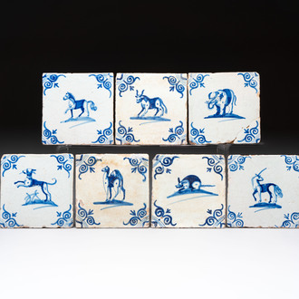 Seven blue and white Dutch Delft 'animal' tiles, 17th C.