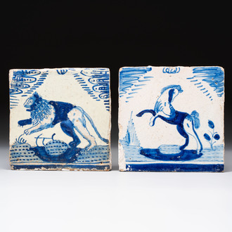 Two blue and white Dutch Delft 'crown' tiles with a lion and a horse, Rotterdam, early 17th C.