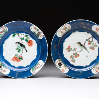 A pair of fine Chinese famille verte powder-blue-ground 'bird on branch' plates, Kangxi