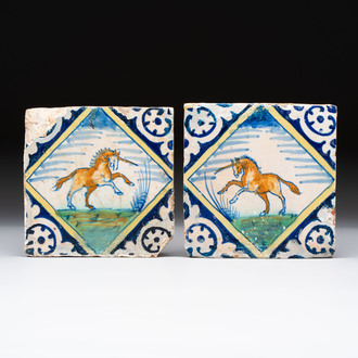 Two polychrome Dutch Delft maiolica 'unicorn' tiles, late 16th C.