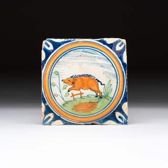A polychrome Dutch Delft maiolica 'boar' tile, late 16th C.