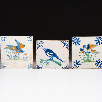 Three polychrome Dutch Delft 'bird' tiles, 17th C.