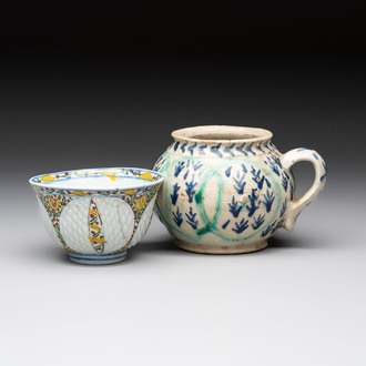 A polychrome pottery Kutahya cup and a mug, Turkey, 18th C.