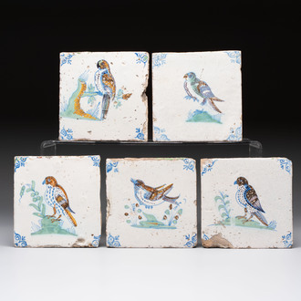 Five polychrome Dutch Delft 'bird' tiles, 17th C.