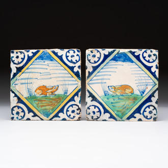 Two polychrome Dutch Delft maiolica 'rabbit' tiles, late 16th C.