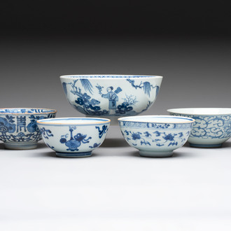 Five Chinese blue and white bowls, Kangxi and later