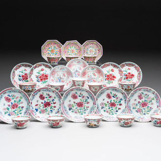 13 Chinese famille rose cups and 15 saucers, Yongzheng/Qianlong