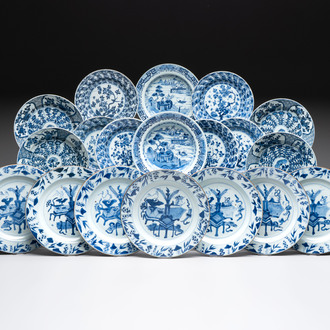 19 Chinese blue and white plates with antiquities, floral, and landscape design, Kangxi