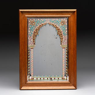 An enamelled glass Orientalist-style mirror in a wooden frame, in the style of A. J. & L. Lobmeyr, possibly France, 19th C.