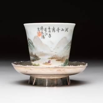 A fine Chinese famille rose 'Mountainous Landscape' cup on a silver stand, signed Zhang Zhitang 張志湯, dated 1942