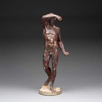 A French polychrome plaster anatomical 'écorché' figure after Jean Antoine Houdon (1741-1828), 19th C.
