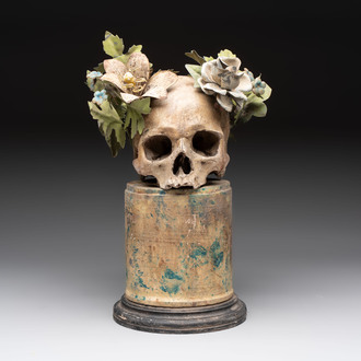 An Italian 'vanitas' or 'memento mori' skull mounted on wooden base, 19/20th C.