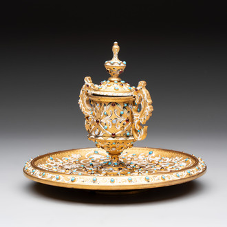 A bejewelled and enamelled gilt-bronze inkwell, probably Russia, 19/20th C.