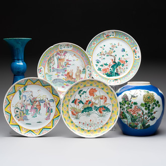 Four Chinese famille rose plates, a blue-glazed vase and a famille verte powder-blue-ground jar, Kangxi and Tongzhi marks, 19th C.