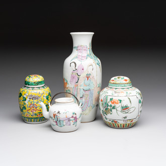 Four Chinese famille rose and verte wares, Zhang Yi Tai Hui 張義泰繪 mark, 19th C.