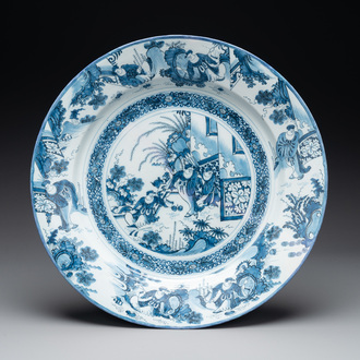 A large blue and white Dutch Delft chinoiserie dish, late 17th C.