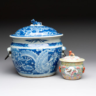 A Chinese blue and white and a famille rose 'kamcheng' bowl and cover for the Straits or Peranakan market, 19th C.