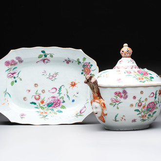 A Chinese famille rose 'mascarons' tureen and cover on stand with floral design, Qianlong