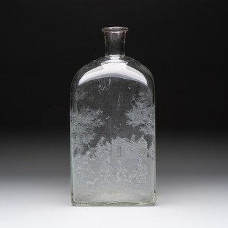 A large engraved glass 'hunting scene' flask, Southern Germany, 18th C.