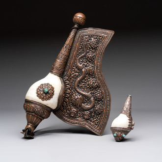 Two Tibetan brass and silver-mounted conch shell trumpets or 'Dung dkar', 19th C.