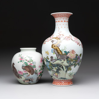 Two Chinese famille rose vases with birds and flowers, Qianlong mark, Republic