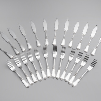 A set of 12 silver fish knives and twelve fish forks, 835/000, Wolfers Frères, Brussels, 20th C.