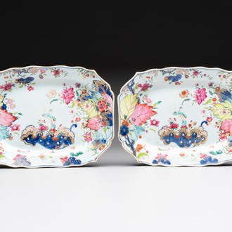 A pair of Chinese famille rose 'tobacco leaf' dishes with a lady on a lily pad, Qianlong