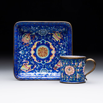 A Chinese Canton enamel mustard jar and square dish, Qianlong/Jiaqing