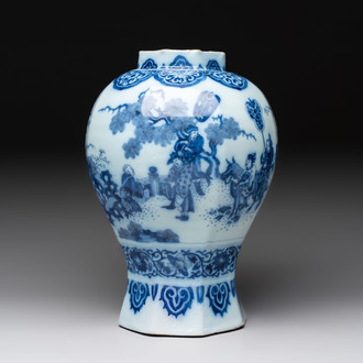 A blue and white Dutch Delft Transitional style chinoiserie vase, late 17th C.