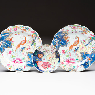 A pair of Chinese famille rose 'tobacco leaf' plates and a saucer, Qianlong