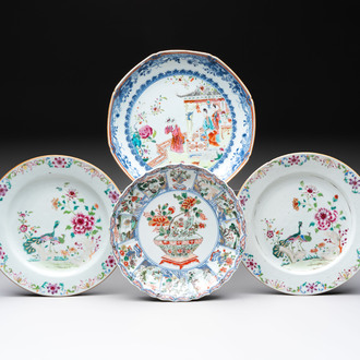 Three Chinese famille rose plates and a famille verte lobed plate, Kangxi/Qianlong