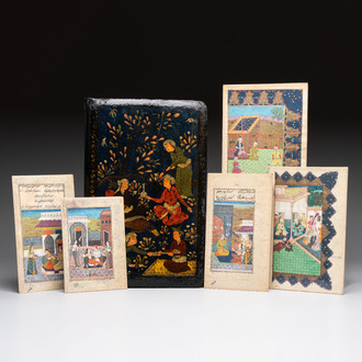 Five Persian miniatures and a lacquered book cover, Qajar, Iran, 19th C.