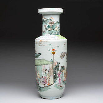 A fine Chinese famille rose 'Qi Guan Xun Mu 棄官尋母' rouleau vase, Qianlong mark, 19th C.