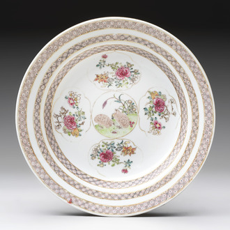 A fine Chinese famille rose eggshell porcelain 'quails' plate, Yongzheng