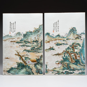 A pair of Chinese famille rose 'landscape' plaques, signed Zhen Feng 振豐, dated 1899
