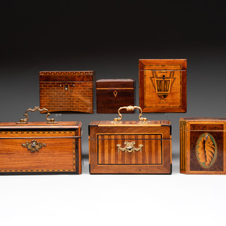 A group of six wooden tea caddies with inlaid decoration, The Netherlands, 18th C.