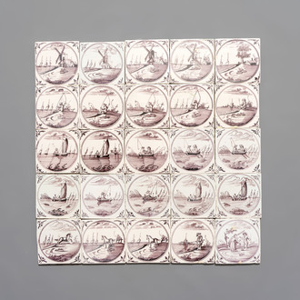25 manganese Dutch Delft 'circle' tiles, 18th C.