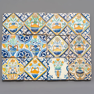 12 polychrome Dutch Delft 'flower vase' tiles, ca. 1600