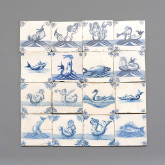 16 blue and white Dutch Delft 'sea creature' tiles, 18th C.