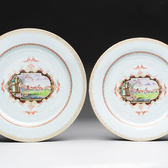 Two large Chinese Meissen-style export dishes with a hunting scene, Qianlong