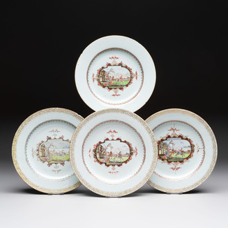 Four Chinese Meissen-style export plates with a hunting scene, Qianlong