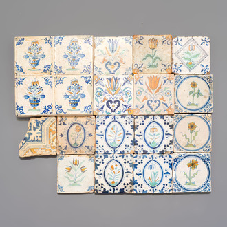 19 polychrome Dutch Delft tiles with floral design, 17th C.